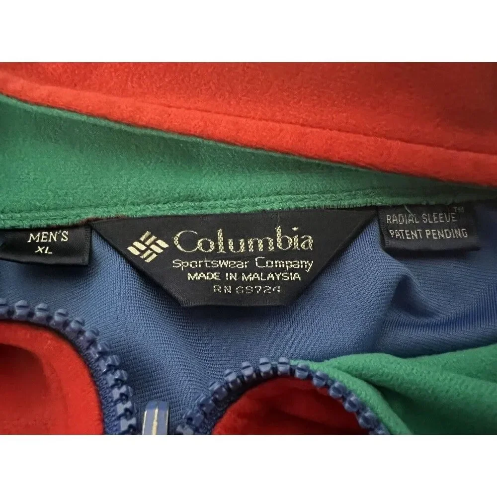 Vintage columbia jacket blue green color block red teal blue Mens XL felt fleece